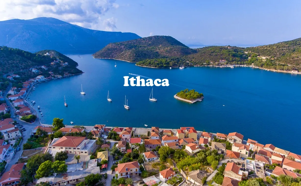 Aerial view of Vathy harbor, Ithaca, Ionian Islands.