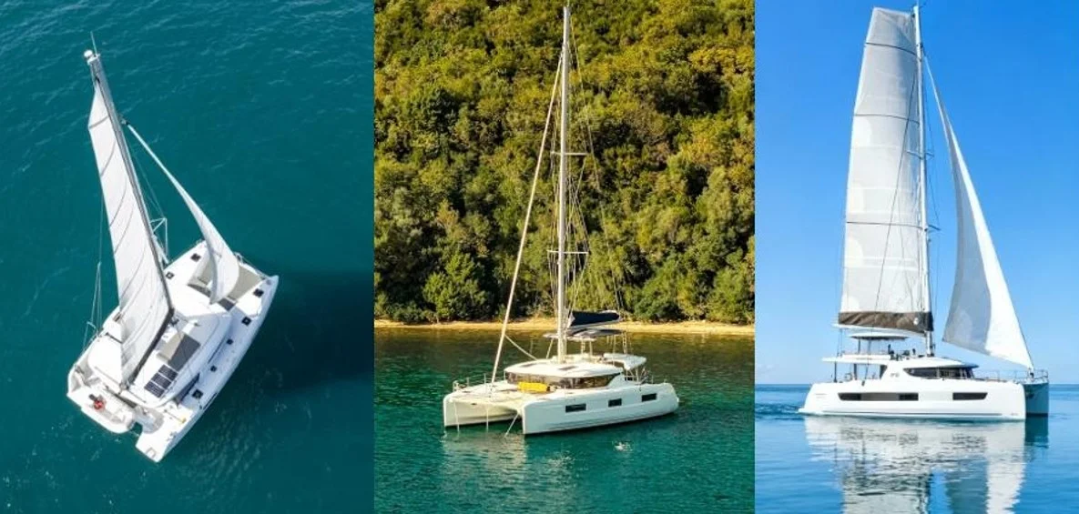 Three modern catamarans moored in a calm bay with lush Ionian landscape.