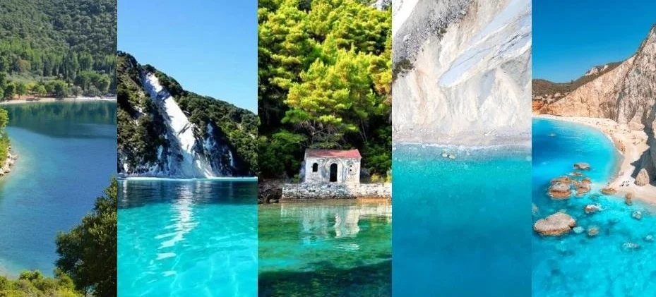 Collage of five scenic Ionian Island views with clear turquoise waters and beaches.