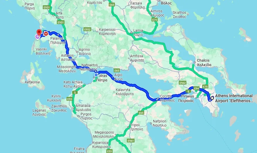 Google maps route of getting from Athens to Lefkas D-Marin