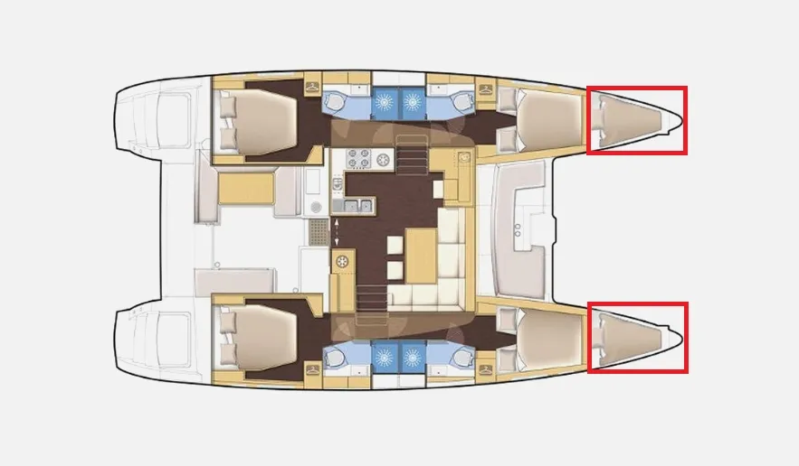 Layout of Lagoon 450F with highlighed skipper cabins.